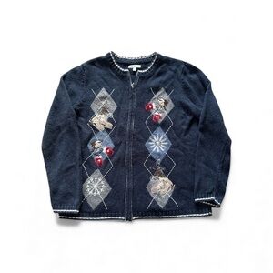 Croft & Barrow Holiday Embroidered Full Zip Sweater Ice Skate Mittens Size M